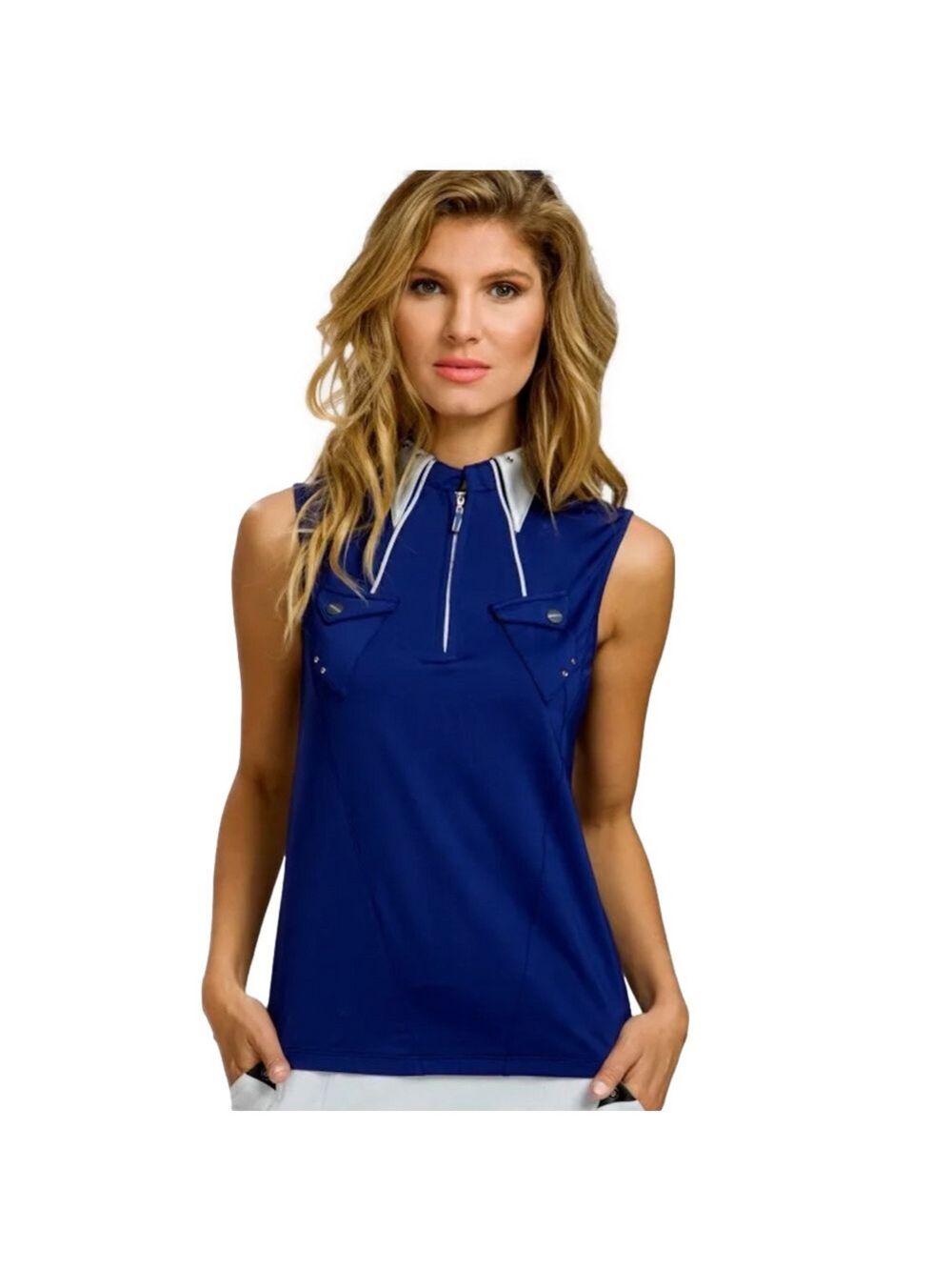 Jamie Sadock sleeveless golf top blue with gray trim and rivets size XS athletic